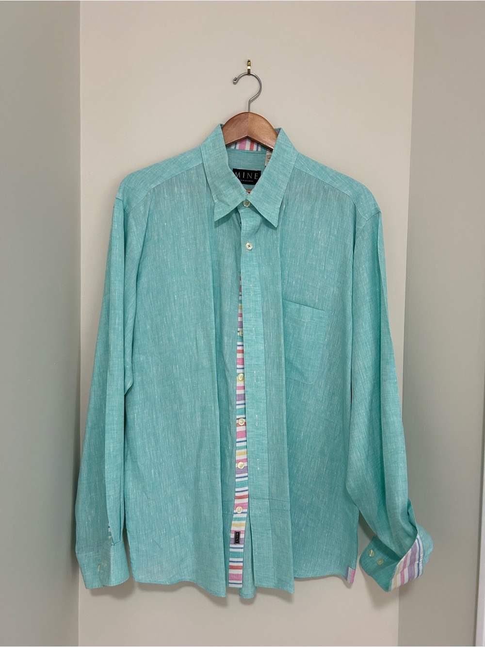 MINE London Milan New York Light Teal Men’s Linen Shirt with Striped Trim